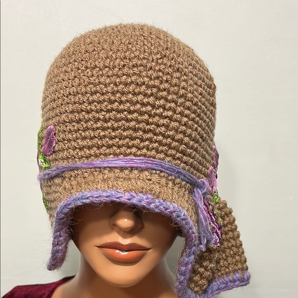Chic Floral Embroidered Crochet Hat in  Cafe latte/Brown and Purple main image 12